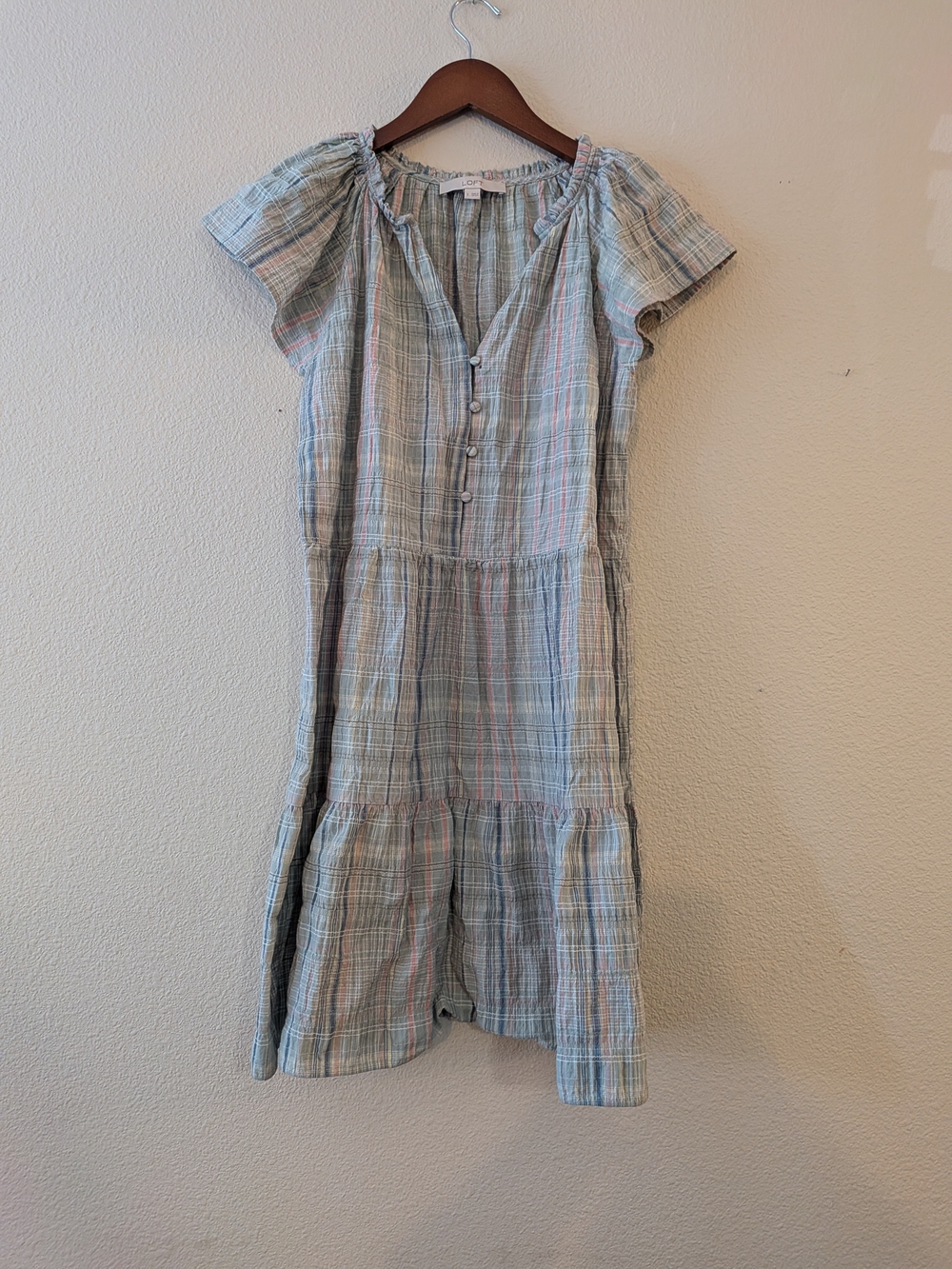 LOFT Light Blue Plaid Tiered Midi Dress with Pink Accent